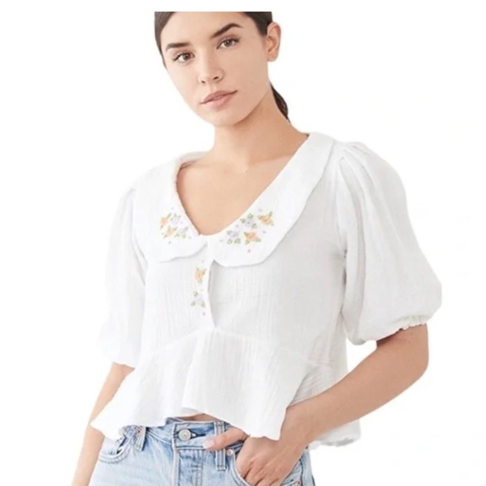 Tach Larina‎ White Embroidered Floral Peter Pan Collar Puff Sleeve Peplum Top M